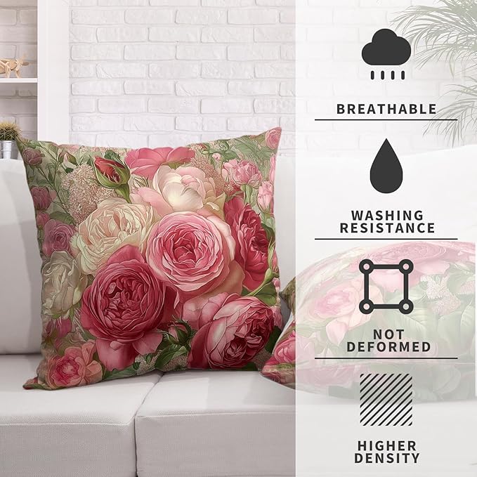 Rose Floral Pillow Covers Vintage Rustic Pink Rose Oil Painting Throw Pillow Covers 18x18 Set of 2 Spring Summer Retro Flower Pillow Cases Shabby Chic Cushion Case for Sofa Bed