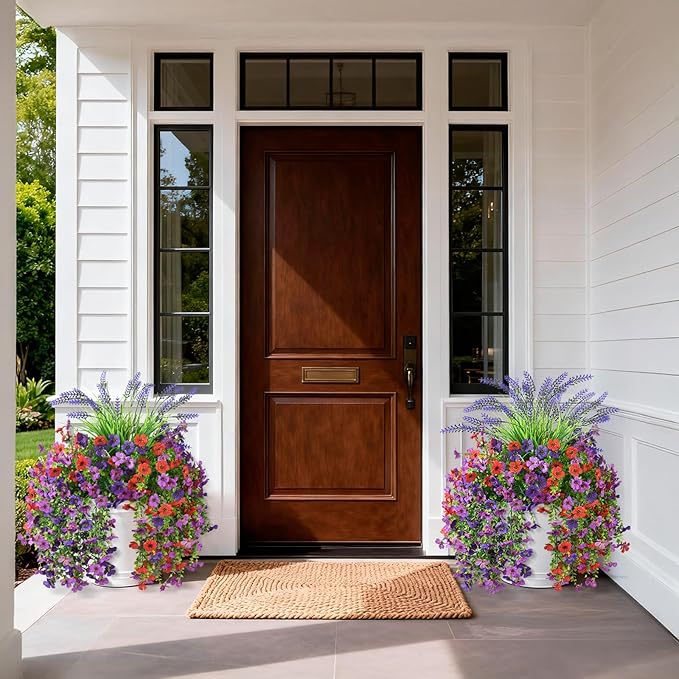 Artificial Fake Hanging Flowers Plants for Outdoor Outside Decoration, Faux Silk Daisy Flower Realistic UV Resistant for Front Porch Patio Balcony Garden Yard Indoor Planter Home Decor(Purple Red)