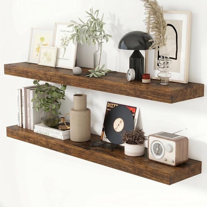 Heimlove 44 Inch Floating Shelves for Wall 8 Inch Deep Rustic Brown Shelves Set of 2,Wall Mounted Rustic Wood Long Floating Shelf，Large Display & Storage Shelf with Invisible Brackets