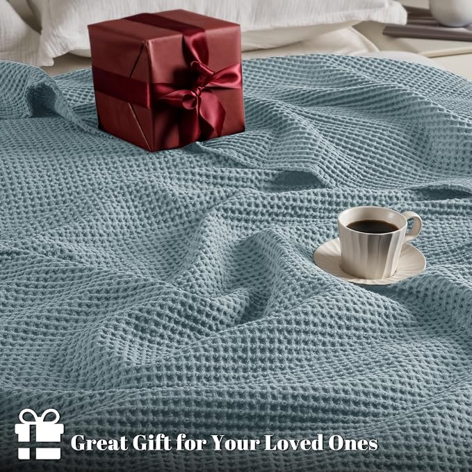 PHF Pre-Washed 100% Cotton Waffle Weave Blanket Twin Size for Bed,Snag Proof Throw Blanket for Couch Spring Summer Lightweight Breathable,Machine Washable, Home Decor Gift - Ocean