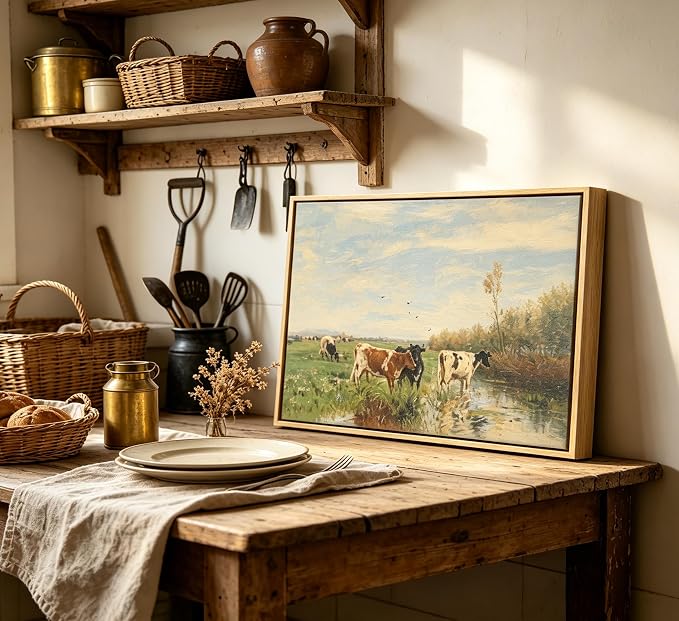 Large Wood Framed Vintage Cows Wall Art,Farm Field Landscape Canvas Print,Valley cattle herd Nature Country Painting,Picture Bedroom Wall Decor Gifts for Friends or Family