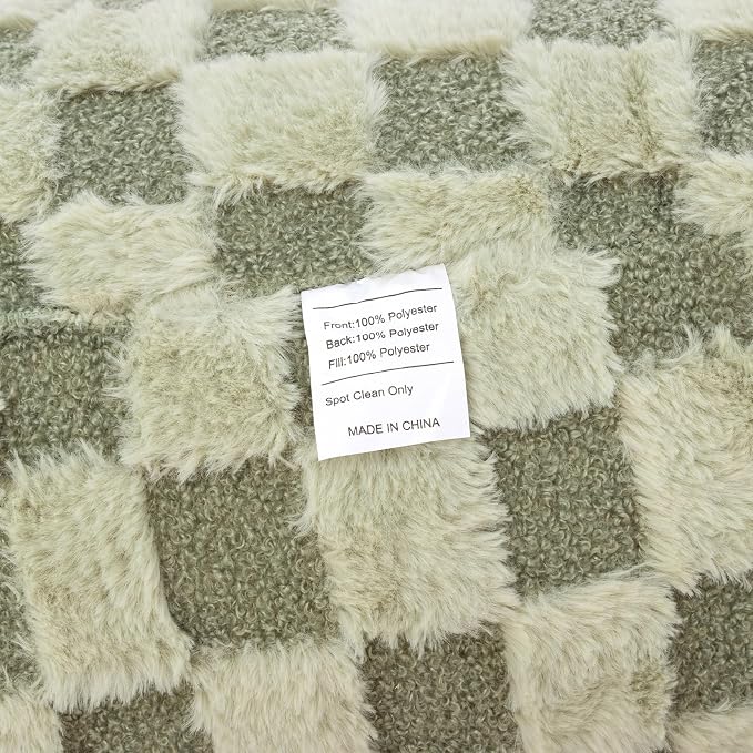 A Nice Night Faux Fur Reading Pillow,Checkered Fluffy Grid Plaid,Bed Wedge Pillow Large Adult Children Backrest with Arms for Bedrest,Green