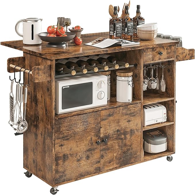 IRONCK Rolling Kitchen Island Cart with Drop-Leaf and Wine Rack, Microwave Rack Serving Cart on Wheels with Drawer & Shelves & Spice Rack & Cup Hanging, Vintage Brown