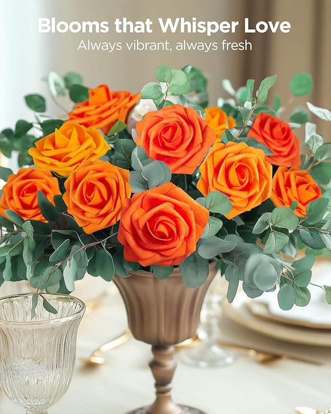 InnoGear Artificial Flowers, 50 Pcs Shades of Orange Foam Fake Roses Bulk with Stems for Autumn Fall Decoration DIY Wedding Bouquets Centerpieces Bridal Shower Party Christmas Tree