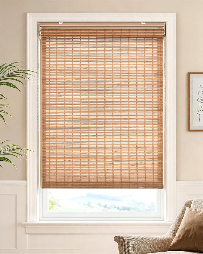 LazBlinds Cordless Bamboo Roller Shades, 66" W x 70" H, Squirrel | Natural Light Filtering Bamboo Window Blinds, Bamboo Roll Up Shades for Bedroom Living Room Office Indoor