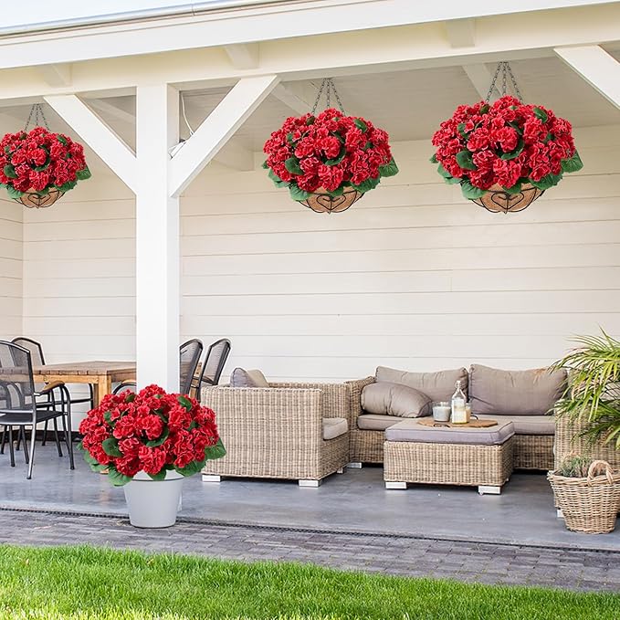 Waipfaru 2 Set Artificial Geraniums for Outdoors with Hanging Baskets, 12 Bundles UV Resistant Artificial Outdoor Plants, Fake Red Flowers for Spring Front Porch Home Patio Balcony Yard Decor