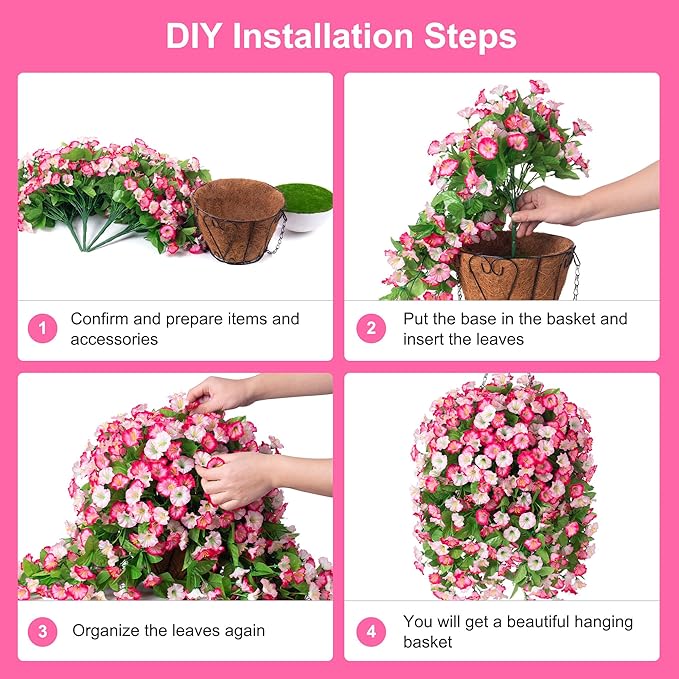 INXUGAO Artificial Flowers with Hanging Basket, Outdoor Faux Plants Silk Morning Glory Vines, Fake Green Arrangement for Garden Patio Spring Summer Decor (4pcs, Pink)