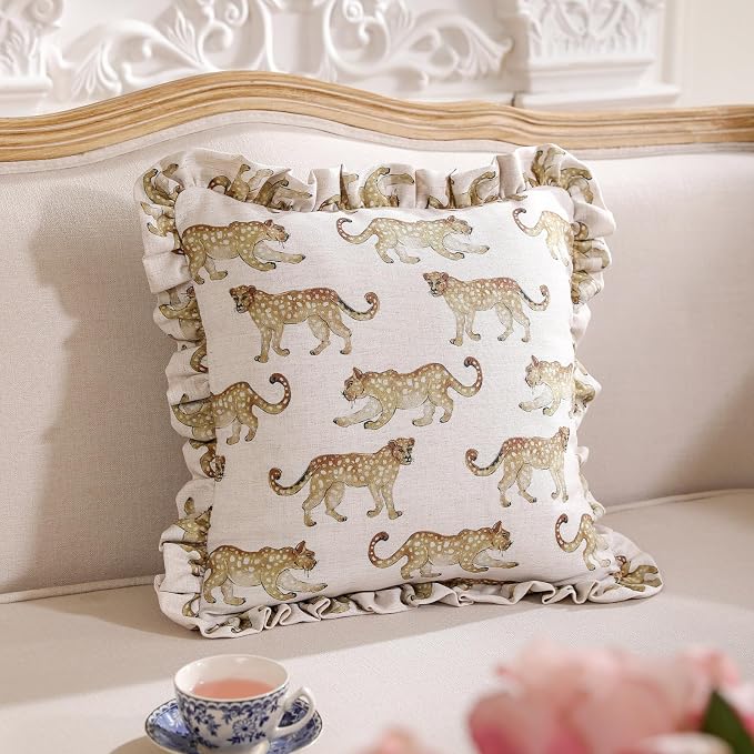 patdrea Designer Vintage Linen Throw Pillow Cover,18"x18"-Fromm C | Elegant Decorative Pillow Case with Zipper,Ruffle Leopard Pattern,Pillow Cover for Couch Living Room Bedroom Sofa