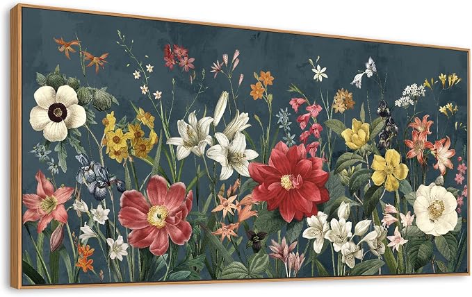 yearainn Botanical Framed Wall Art - Colorful Flowers Bouquet Canvas Pictures Wall Decor Wildflowers Painting Artwork Blooming Floral Prints Living Room Office Home Decor Natural Wood Frame 48" x 24"