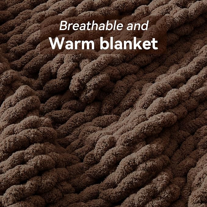 Negwoo Chunky Knit Throw Blanket, 30''*40'' Knitted Throw Chenille Yarn for Bed Couch, Handmade Dark Brown Crochet Big Thick Blanket, Machine Washable Cute Comfy Blanket for Home Decor