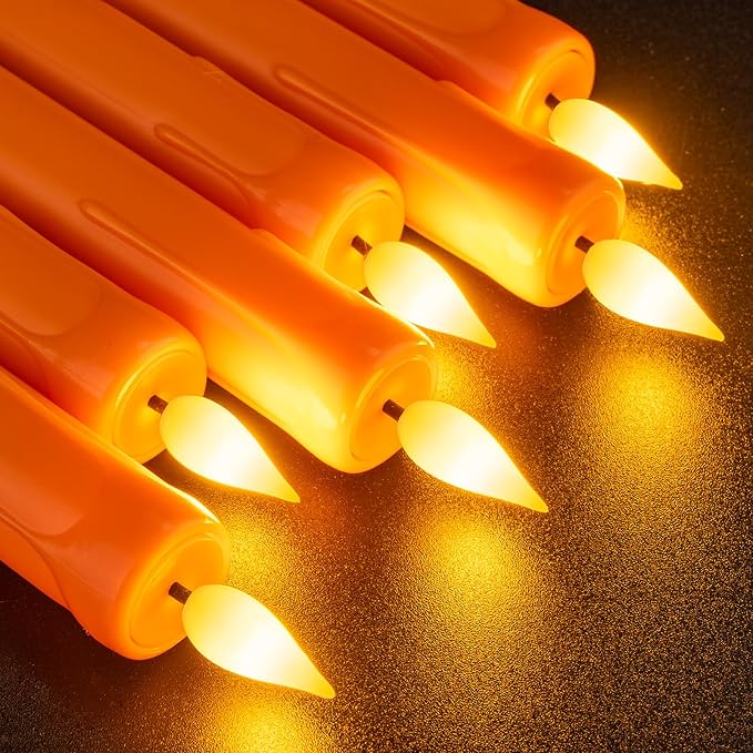 Homemory 6 Pcs Orange Flameless Taper Candles with Remote, Timer, Dimmer, Battery Operated CandleSticks with Flickering Light, Plastic Led Window Candles, for Halloween Decoration 9.6 Inches