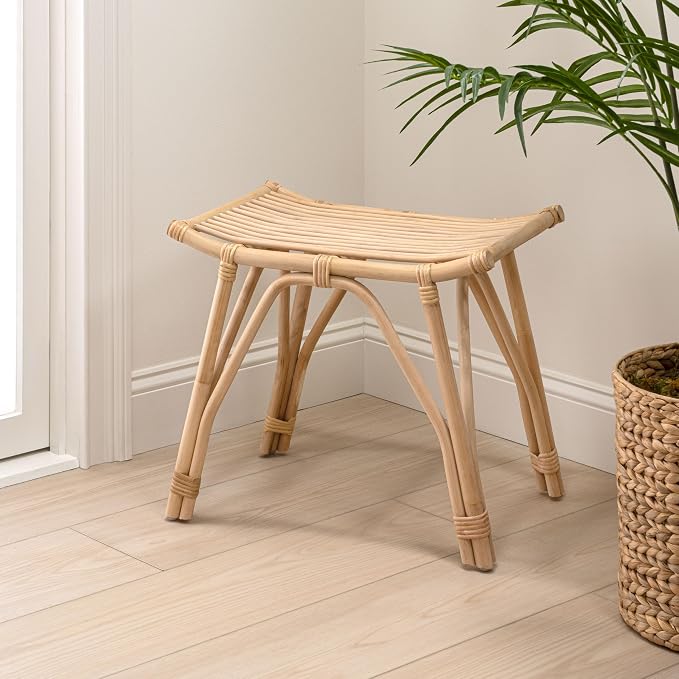 JONATHAN Y Gabriel 18" Handcrafted Rattan and Teak Wood Vanity Stool, Bohemian Backless Accent Ottoman Footstool, Natural Brown STL3005A