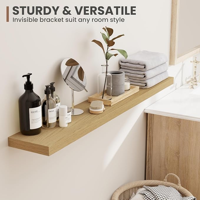 Acovy 48 Inch Floating Shelves, 8 Inch Deep Floating Shelves for Wall, Hanging Shelf with Invisible Brackets, Deep Shelves for Bathroom, Bedroom, Living Room, Oak, Set of 1