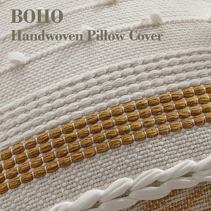 DEZENE Boho Pillow Cover 18x18 Mustard Yellow - Handmade Woven Textured Throw Pillow Case with Cordings & Tassels, Decorative Accent for Couch Sofa Bed Farmhouse Living Room Bedroom Home Decor