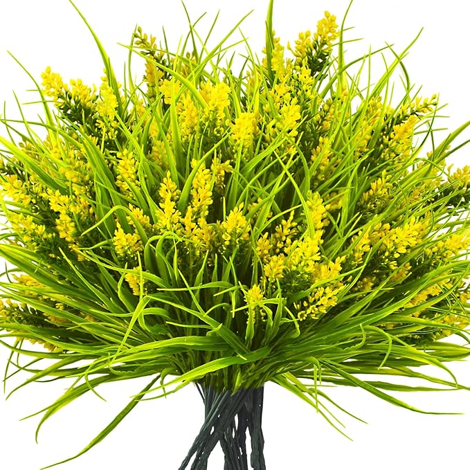 Grunyia 20 Bundles Artificial Plants Outdoor Fake Monkey Grass with Flowers (Yellow)