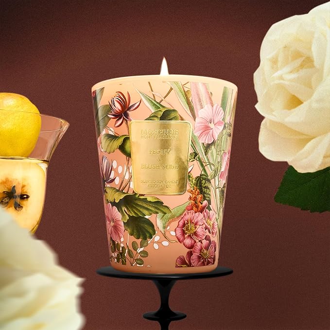 M&SENSE Peony Blush Suede Soy Candle, 14.1oz, Romantic Gift for Women | 60H Slow Burn, Non-Toxic, Date Night Romance, Bedroom, Stress Relief, Relaxation, Luxury Candles Gift