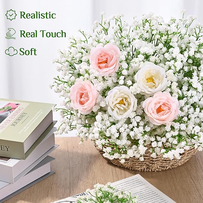 Yastouay 100 Pcs Babys Breath Artificial Flowers, White Baby Breath Flowers Artificial Bulk, Real Touch Fake Flowers Babys Breath Gypsophila for Wedding Home Party Bouquet Floral Arrangement Decor