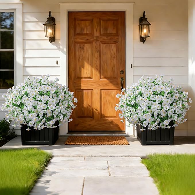 Ivydale 24 Bundles Artificial Flowers for Outdoors Spring Outside Decoration, Faux Silk Petunias White Fake Flowers Bulk Realistic UV Resistant Plants for Outdoor Planters Porch Patio Garden Yard Home