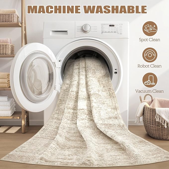 DMOYEST 2x3 Entryway Area Rug: Washable Neutral Modern Abstract Small Rug - Non-Slip Low Pile Throw Indoor Carpet for Entrance Kitchen Front Door Mat Bathroom Entry Kids Room - Vintage Beige