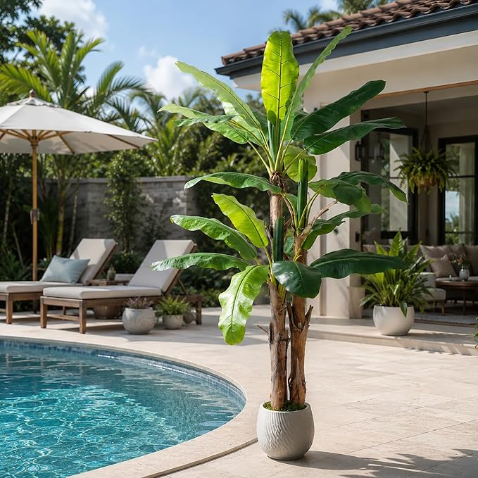 7FT Artificial Banana Tree with Realistic Banana Leaves Large Faux Tropical Plant Artificial Plants Outdoor Fake Tree for Patio Balcony Garden Home Office Indoor Decor (with Faux Moss)