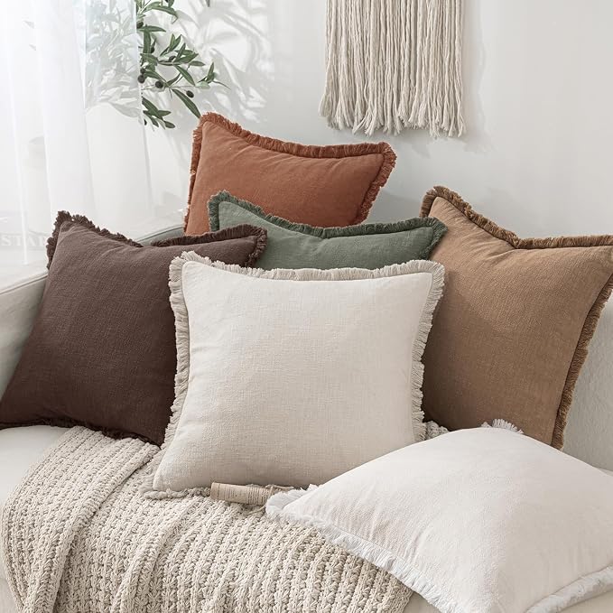 MIULEE Decorative Throw Pillow Covers Neutral Linen Fringe Throw Pillows Euro Shams Set of 2 Dark Brown Boho Farmhouse Cushion Covers for Couch Sofa Bed Living Room Fall Home Decor 24x24 Inch