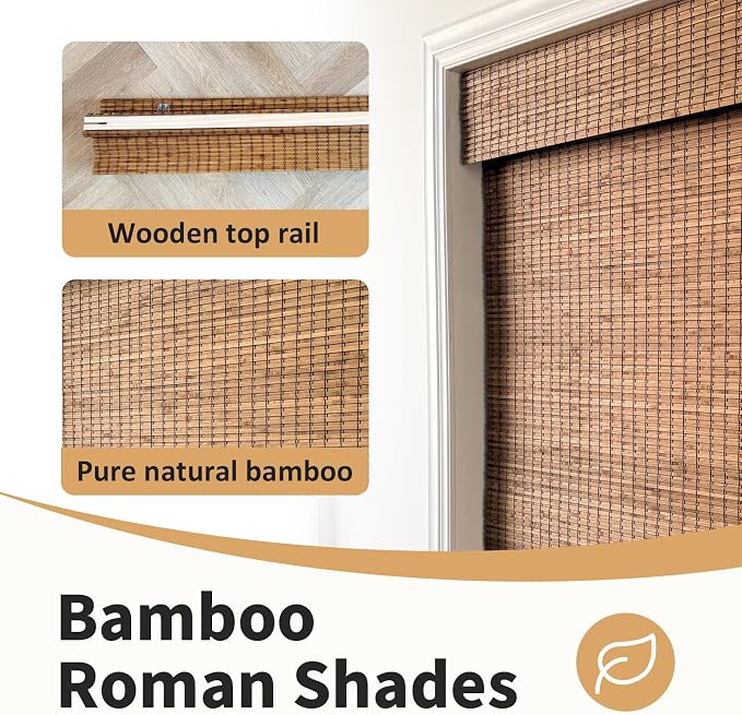 Cordless Bamboo Roman Shades 29x48in, Light Filtering Bamboo Blinds for Indoor Windows, Office, Bathroom and Living Room, Privacy Teak.