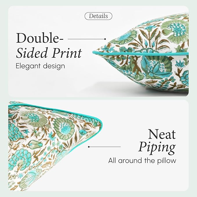 CPC Aqua Green Floral Printed Throw Square Cushion Covers - 18x18 Inch 100% Cotton Washable Decorative Couch Pillows Covers for Living Room Bed Sofa and Outdoors Spring, Easter, Valentines Gift