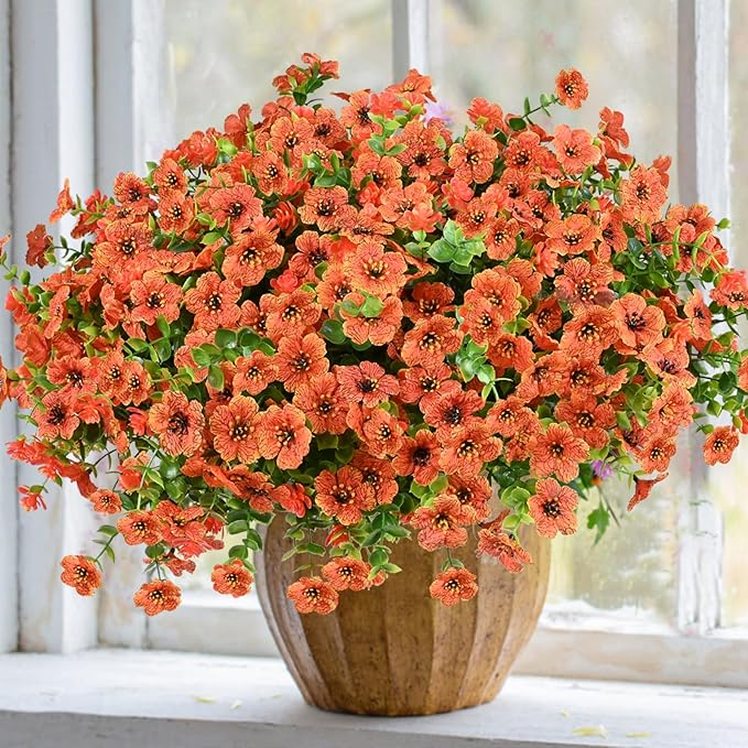 trytuny Artificial Flowers for Outdoor, UV Resistant Fake Silk Flowers, Realistic Faux Plants for Outside Indoor Porch Patio Window Box Planter Home Decor (16, Orange)