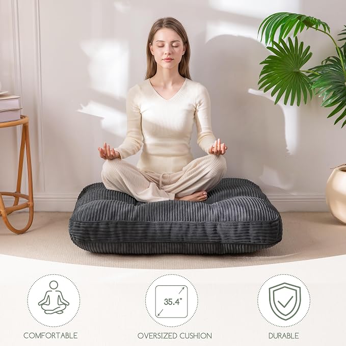 HIGOGOGO 35" Floor Pillow Cushion for Adults, Meditation Cushion Pillow, Extra Large Square Floor Sitting, Tufted Corduroy Cover for Tatami Living Room or Yoga, Dark Grey