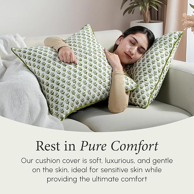 CPC 100% Cotton Throw Pillow Covers 20x20 Inch, Set of 2 Green Block Print Pattern Couch Pillow, Cute Boho Decorative Pillows for Living Room, Bedroom with Hidden Zipper- Emerald Green