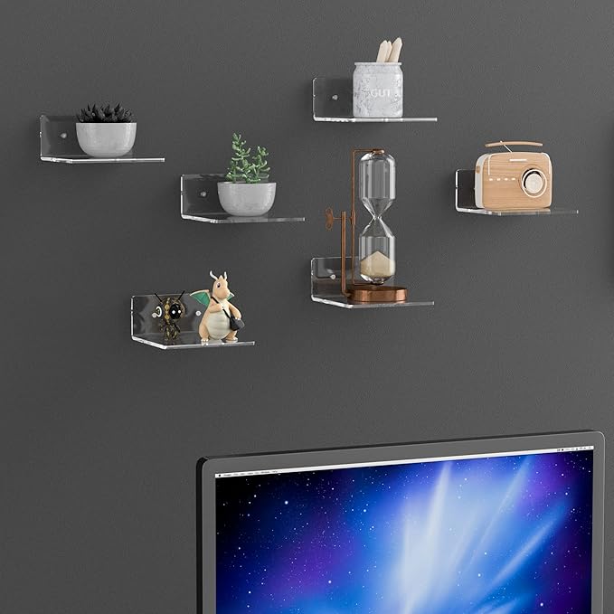 Sezanrpt 6 Inches Acrylic Small Wall Shelves 2 Pack, Floating Shelf for Wall Mounting, Acrylic Display Ledges for Funko Pop Figures, Home Décor, Living Room, Gaming Room, Plants(6 inch, Clear)