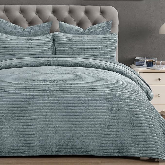 PHF Luxury Velvet Quilt Set Twin Size – 2PCS Ultra Soft Quilted Comforter Alternative with Striped Channel, Cozy Quilted Bedspread, 1 Coverlet with 1 Matching Sham, 68" x 92", Dusty Blue