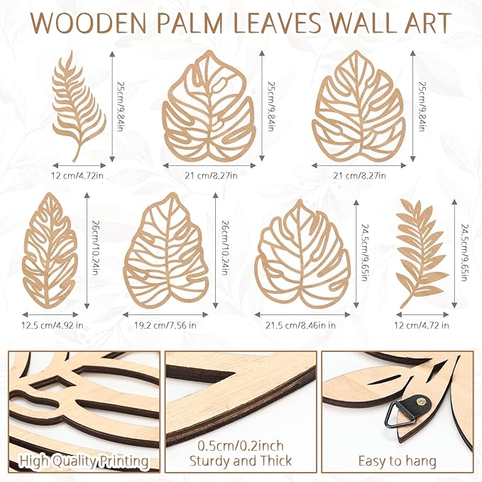 Namalu 7 Pcs Tropical Wall Decor Jungle Monstera Wall Art Boho Palm Leaf Wooden Decoration Tropical Nursery Decor Vintage Natural Monstera Leaf Plaque for Farmhouse Kitchen Bedroom Garden(Wood Color)
