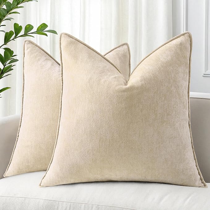 decorUhome Summer Couch Euro Sham Throw Pillow Covers 22x22 Set of 2, Decorative Soft Velvet Modern Cozy Chenille Pillow Cases with Elegant Design for Sofa Bed Living Room Home Decor, Beige