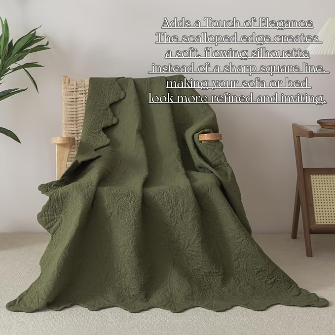 Brandream Olive Green Scalloped Quilt Cotton Quilted Throw Blanket for Bed Couch Daybed 47 X 60 Inch Decorative Throw Blankets
