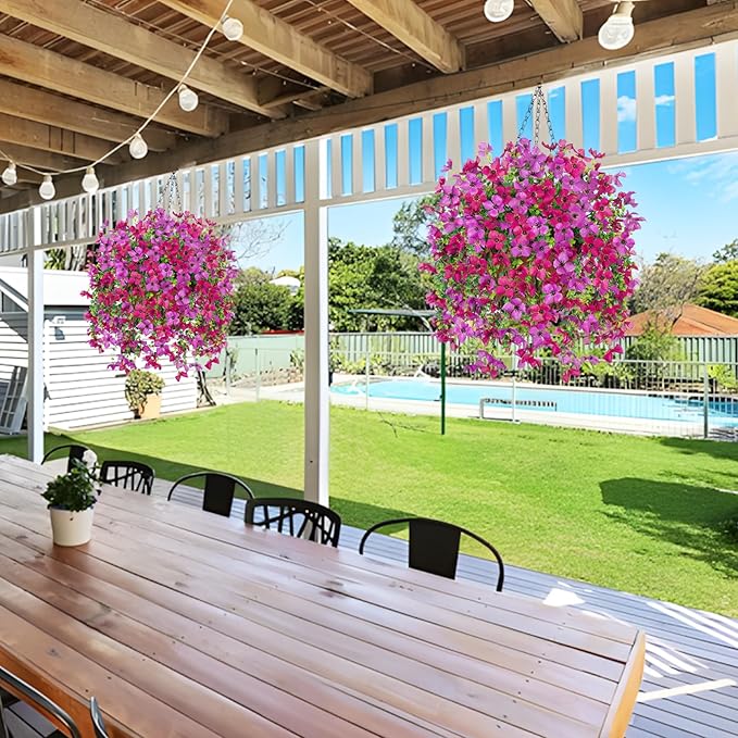 INXUGAO Artificial Hanging Flowers Plants with Basket for Outdoors, Realistic Faux Silk Daisy Flower Eucalyptus for Spring Decor, UV Resistant Fake Plants for Porch Patio Yard Balcony, Purple Violet