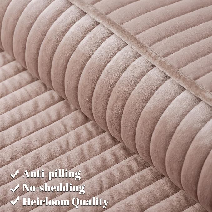 PHF Luxury Velvet Quilt Set King Size – 3PCS Ultra Soft Quilted Comforter Alternative with Striped Channel, Cozy Quilted Bedspread, 1 Coverlet with 2 Matching Shams, 108" x 92", Rose Pink