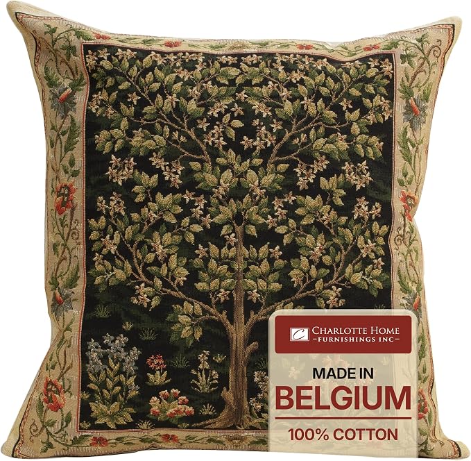 Charlotte Home Furnishings Inc Tapestry Black Tree of Life Throw Pillow Covers 18x18, European 100% Cotton Jacquard Woven Fabric, Boho & Vintage Inspired Decorative Cushion for Living Room and Sofa