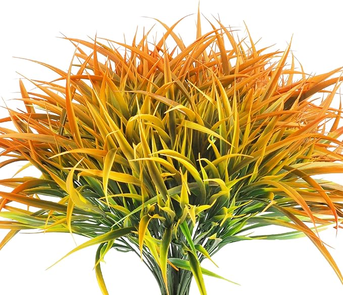 Ouddy Decor 16 Bundles Artificial Plants Outdoor Fake Grass Greenery Stems UV Resistant Faux Plastic Plants Shrubs for Spring Summer Garden Pathway Window Box Farmhouse Front Porch Home Decor, Orange