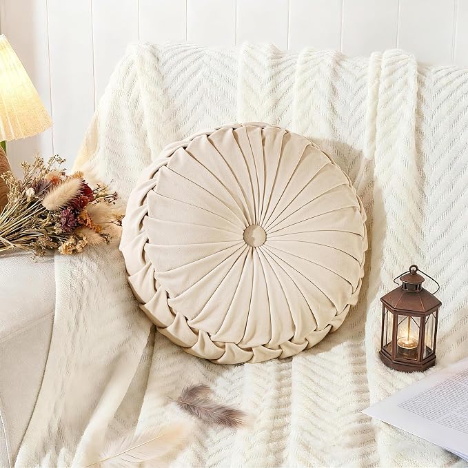 ROSE&RISY Round Pleated Velvet Throw Pillow, 1 Pack Decorative Accent Pumpkin Pillow Cushion for Couch Sofa Bed, Soft Plush Retro Vanity Throw Pillow for Home Decor, 14.5 Inch, Cream
