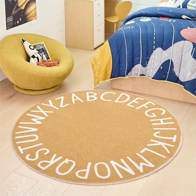 Topotdor Round Kids Play Rug Alphabet Nursery Area Rug Extra Large Soft Crawling Play Mat for Children Toddlers Bedroom (63 inch, Brown)