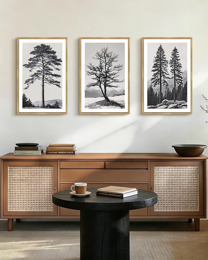 PHOPAGO Vintage Antique Tree Framed Wall Art Large 16x24in Black and White Retro Forest Wall Decor Nature Wilderness Sketch Paints Modern Decor - Natural Framed