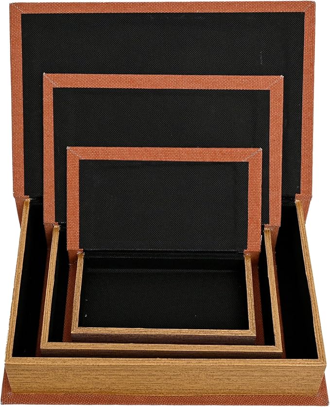 DECOR4SEASON Decorative Book Boxes Set of 3 – Modern Faux Linen & Wood Hidden Storage for Coffee Table – Stackable Fake Books for Shelf Decor, Remote Control & Jewelry Organizer (Rust Brown)