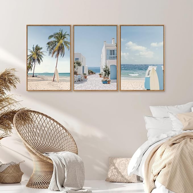 Rantodecor Beach Themed Framed Canvas Wall Art, Palm Tree Surfboard Van Wall Decor, Nordic Blue and White House Art Painting, Modern Relaxing Seascape Artwork for Bedroom Living Room Office 24"x36"x3