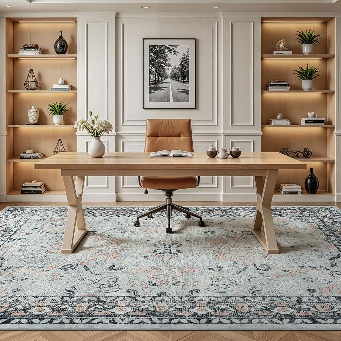 Lofus 9x12 Area Rug for Living Room,Distressed Grey Washable Area Rugs with Non-Slip Backing,Soft Boho Carpets for Bedroom Dining Room Home Office Indoor Nursery