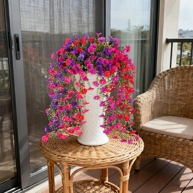 Fake Artificial Hanging Morning Glory Flowers for Outdoor Planters Porch Pation Decoration,8 Bundles UV Resistant Silk Faux Flowers with Realistic Eucalyptus Plants for Home Office Garden Decor