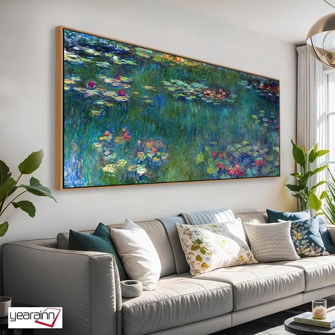 yearainn Framed Wall Art Canvas Prints Water Lilies by Claude Monet | Large Garden Artwork Green Landscape Contemporary Nature Pictures for Living Room Bedroom Home Office Decor 20" x 40"