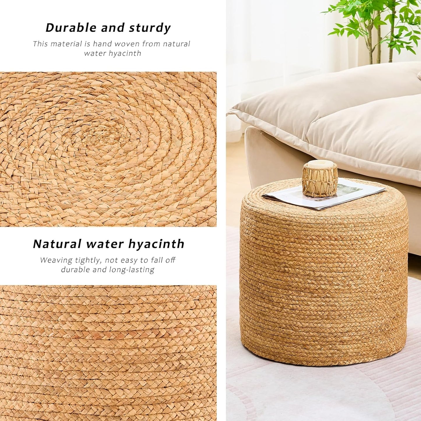Handwoven Ottoman Pouf, Natural Water Hyacinth Footstool, Round Braided Outdoor Seat with Sturdy Frame, Boho Accent Stool for Patio, Balcony, or Garden (Natural)