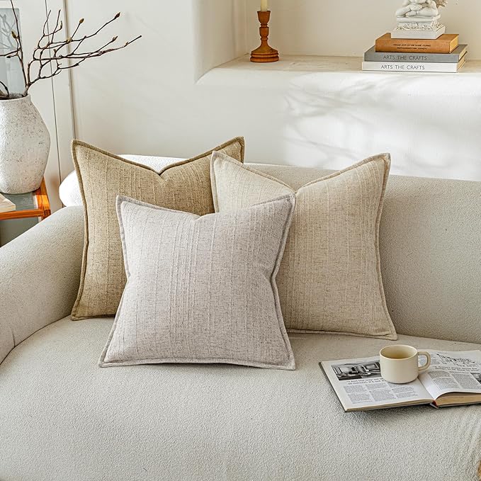 a moment Linen Pillow Covers Set of 2,Boho Farmhouse Throw Pillowcases Neutral Textured Decorative Covers for Couch Sofa Bed,Soft Linen Blend Accent Case Cushion Living Room Home Decor 18"x18"Ivory