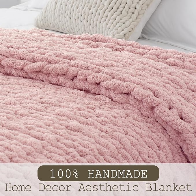 Chunky Knit Throw Blanket 60x80, 100% Handmade Chenille Yarn | 6.7lbs Soft Thick Cable Knitted Blankets, Large Rope Knot Crochet Throws for Couch Sofa Bed Machine Washable, Dusty Pink